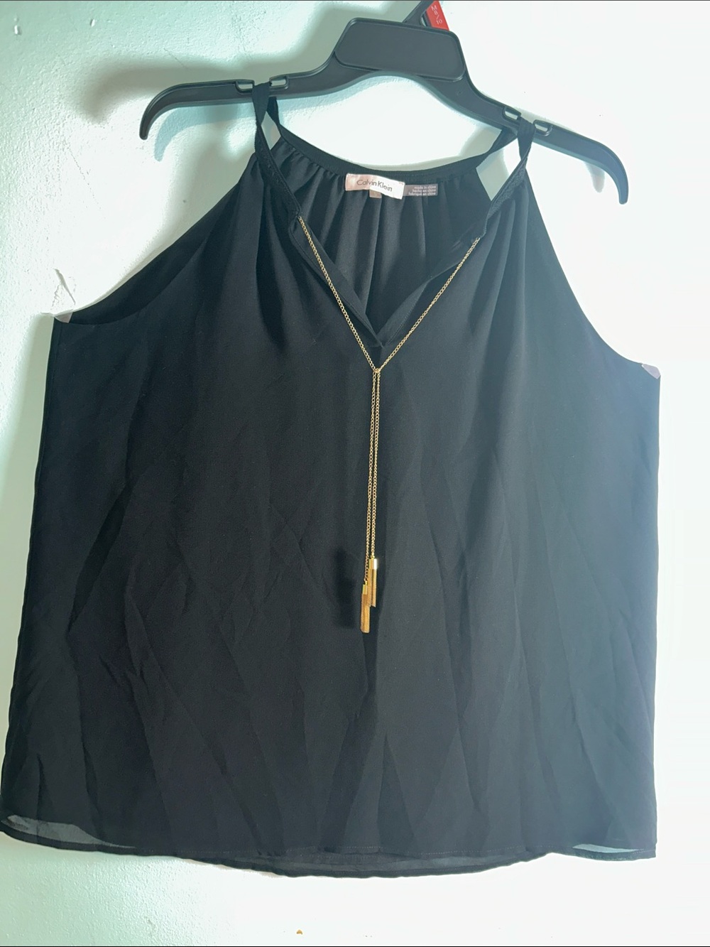 Calvin Klein Black Halter Camisole with Gold Chain Pendant